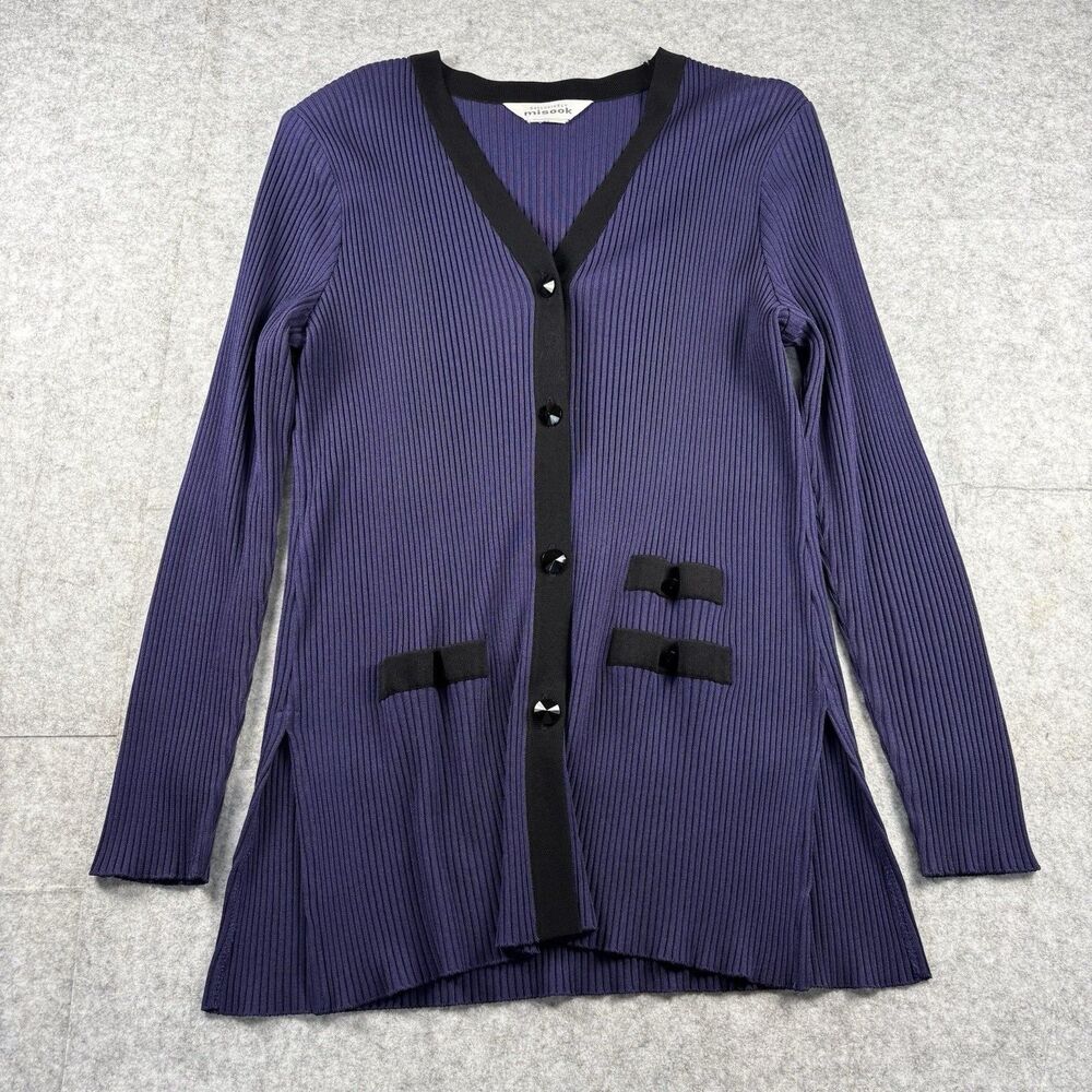 Vintage Exclusively Misook Purple Ribbed Knit Longline Cardigan Sweater Womens M